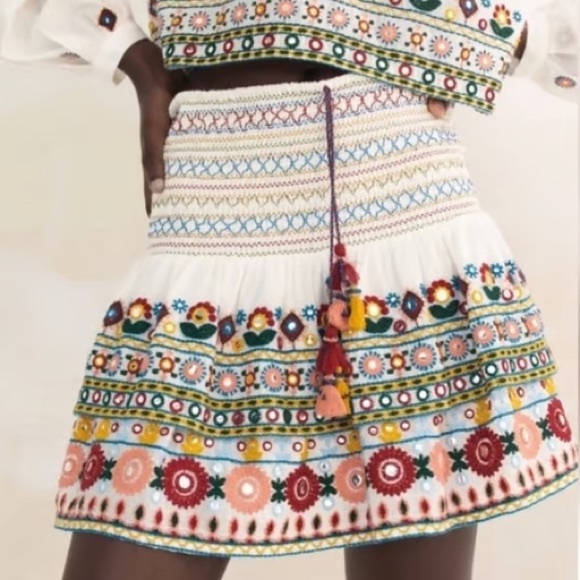 Zara Mini Skirt with Contrast Embroidery Gypsy Boho Smocked Tassel - Picture 2 of 5